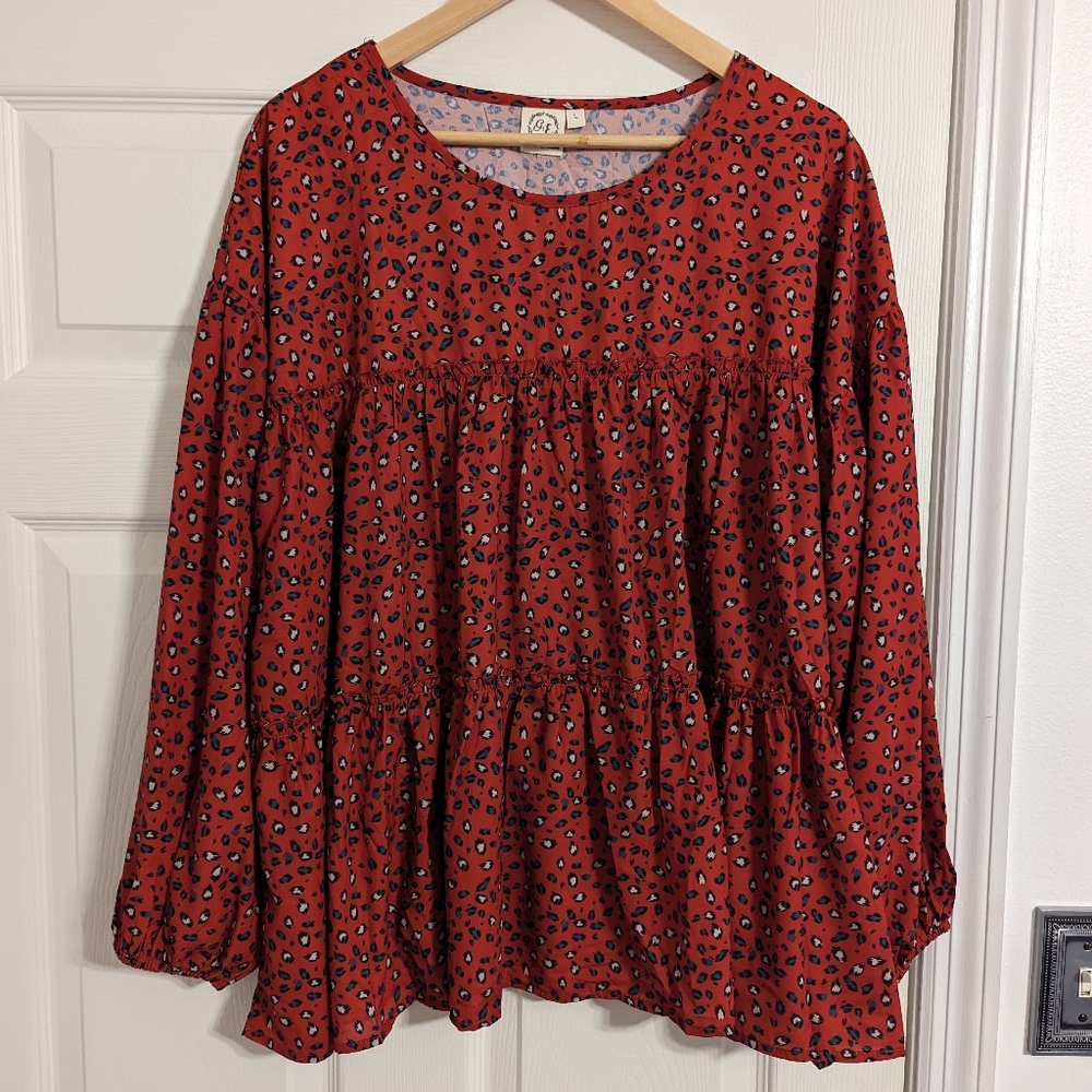 Grace & Emma orange red tiered boho peasant blouse size large